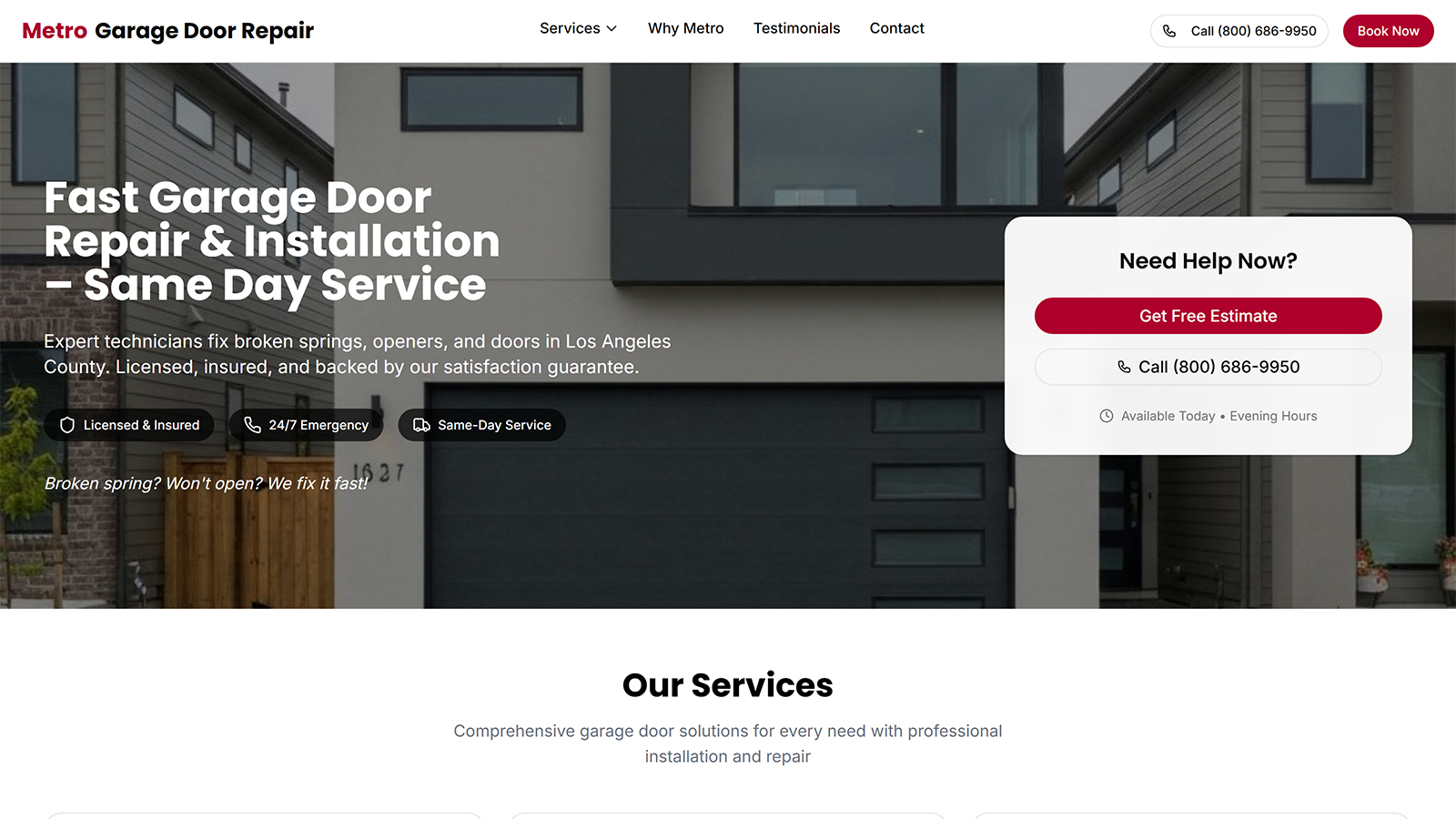 Metro Garage Door website screenshot
